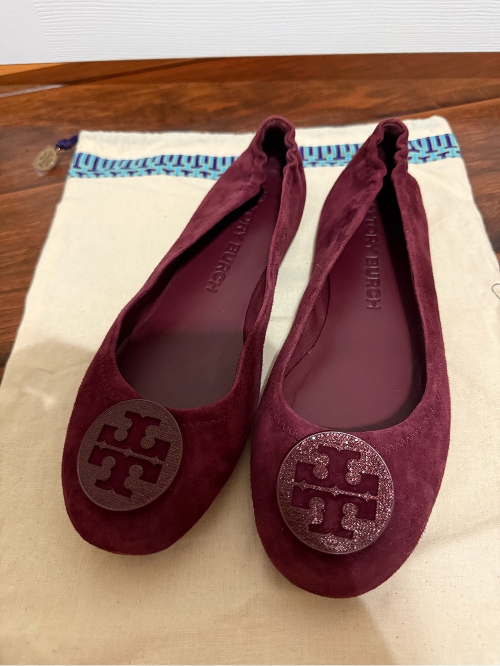 Tory Burch Women's Burgundy Suede Logo Ballet Flats